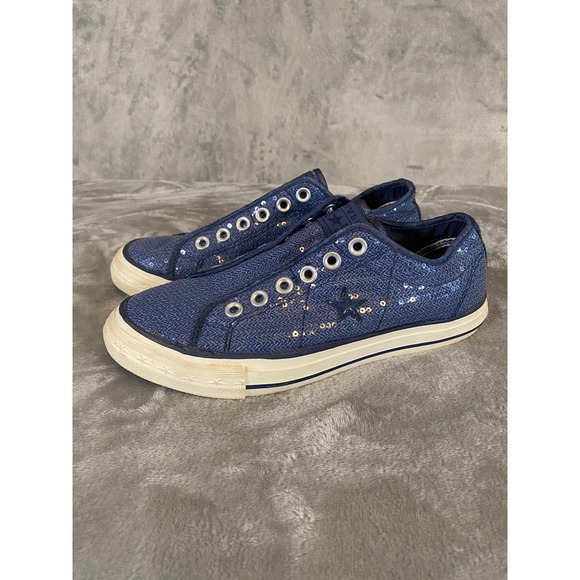 Converse Shoes - Converse Sneakers Women 7.5 Navy Blue One Star Low Top Sequin Sparkle Slip On